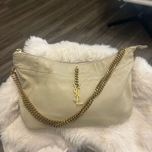 Authentic SAINT LAURENT Calfskin Pac Pac Ruched Hobo Winter in White.